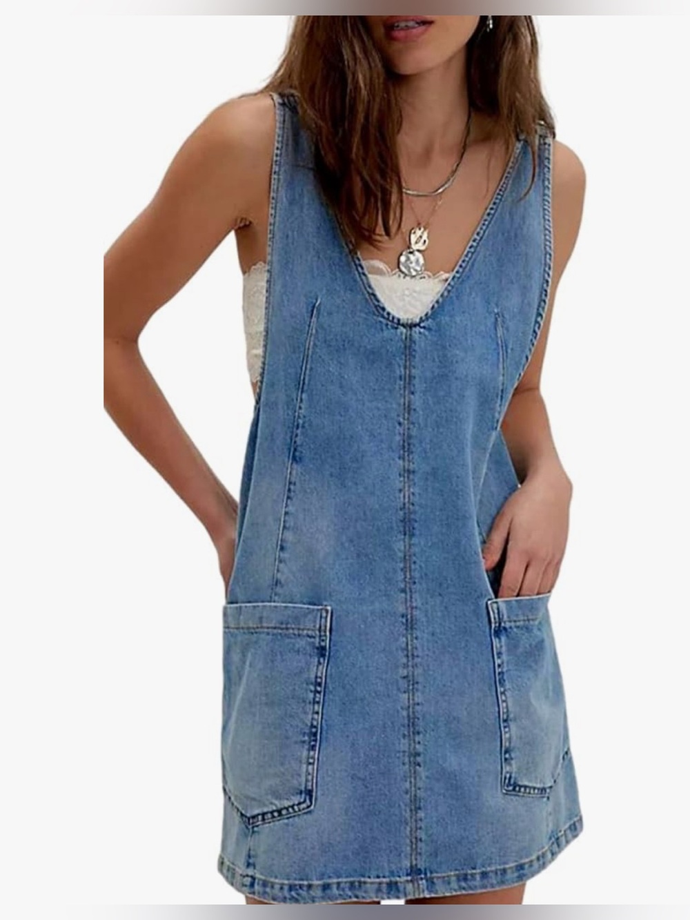 Women’s Blue Denim Pinafore Dress - Casual V-Neck Jumper